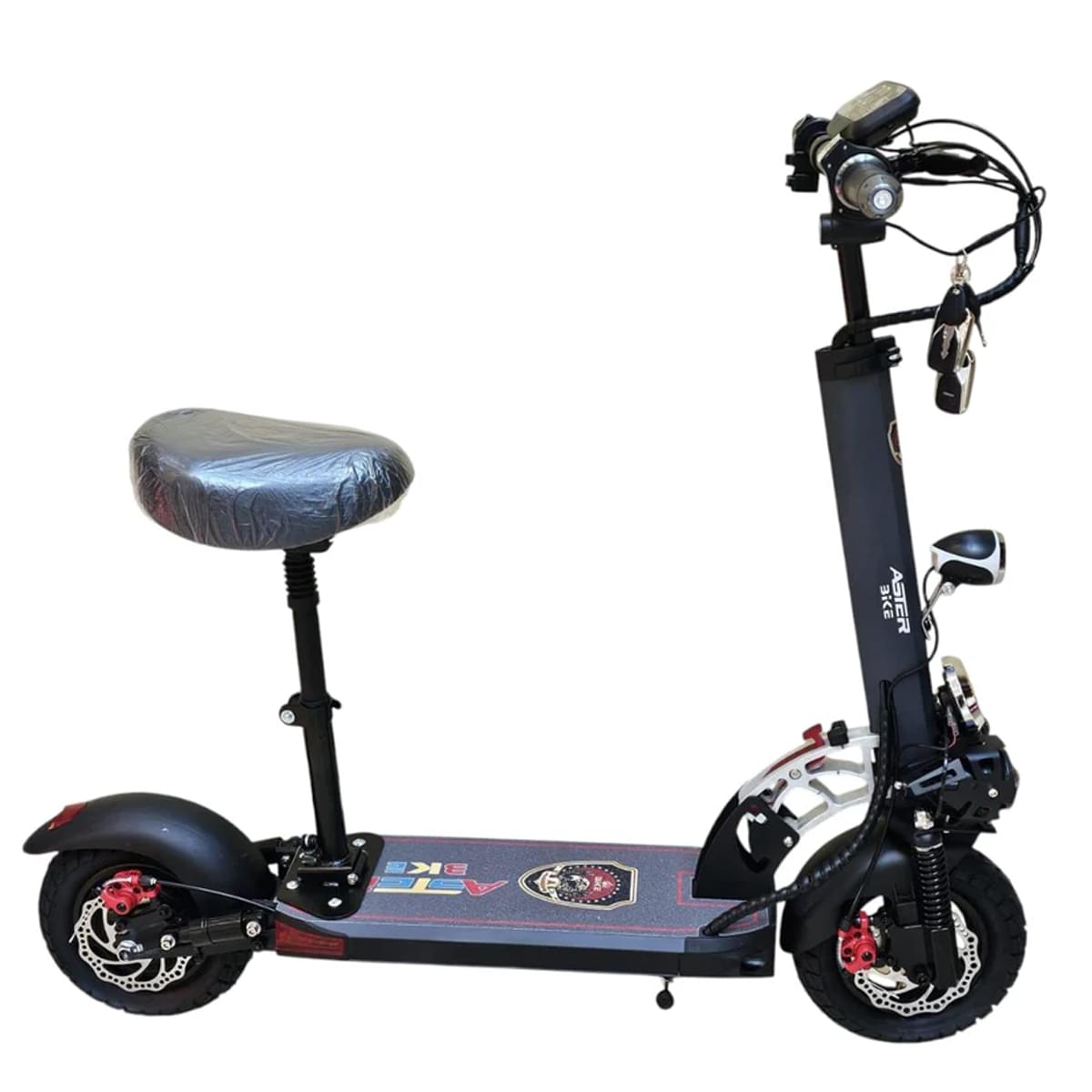 The ASTER E10-A1 Foldable 2000w E-Scooter with Seat features a black frame, cushioned seat, handlebar controls, key ignition, disc brakes, rear suspension, frame-mounted headlight, and a deck with colorful graphics and text.